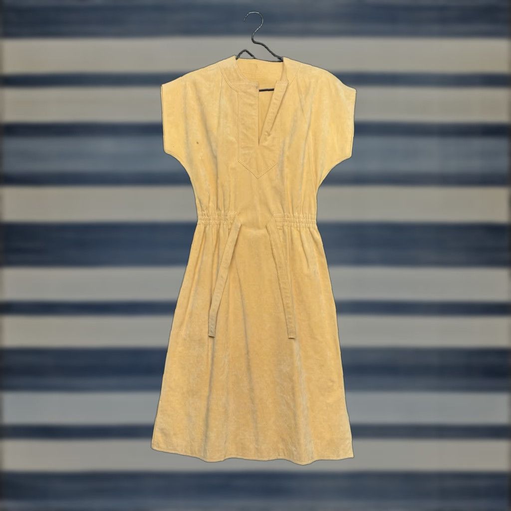 VINTAGE Moda International Dress Leather A-Line Dolman Sleeve Belted Midi Yellow 2 70s Womens