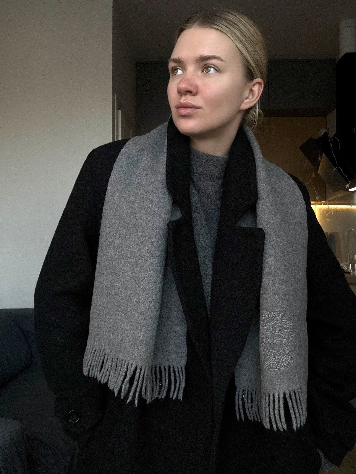 Versace Versace Medusa Embroidered Wool Gray Scarf Size ONE SIZE - 5 Thumbnail