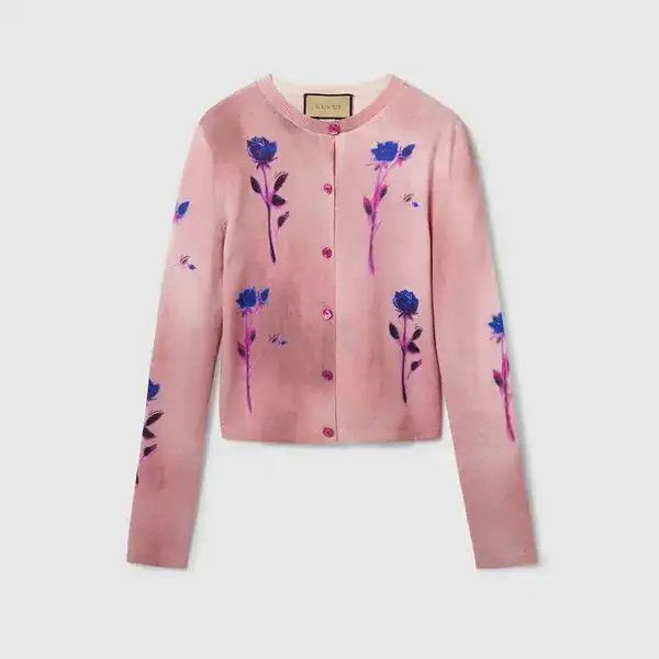 Gucci o1la5ras0526 Floral Print Fine Wool Silk Cardigan in Pink Size L / US 10 / IT 46 - 1 Thumbnail