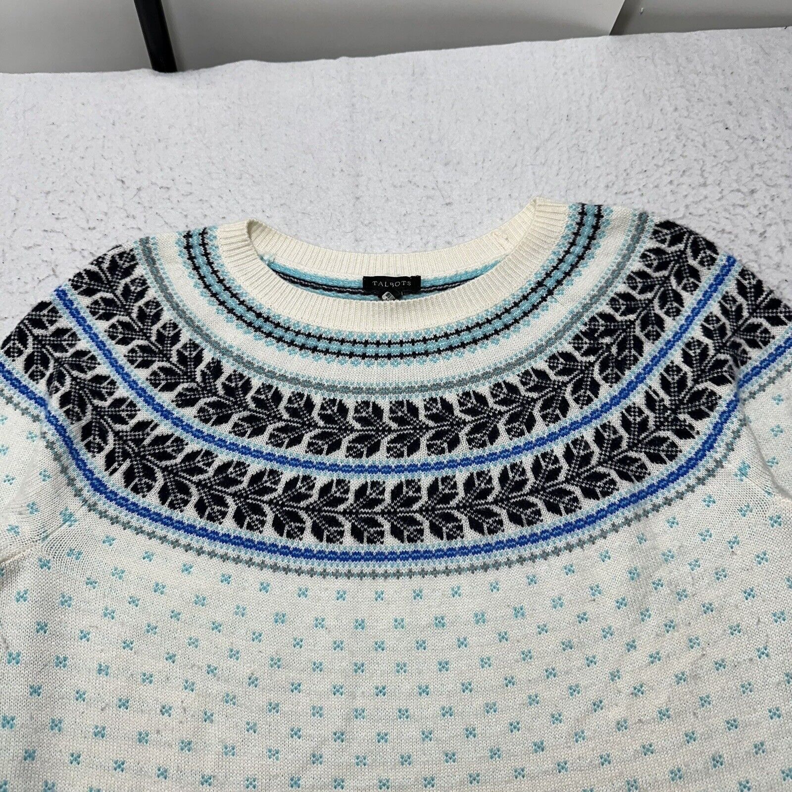 Other Talbots Large Fair Isle Lambs Wool Sweater White Blue Size L / US 10 / IT 46 - 2 Thumbnail