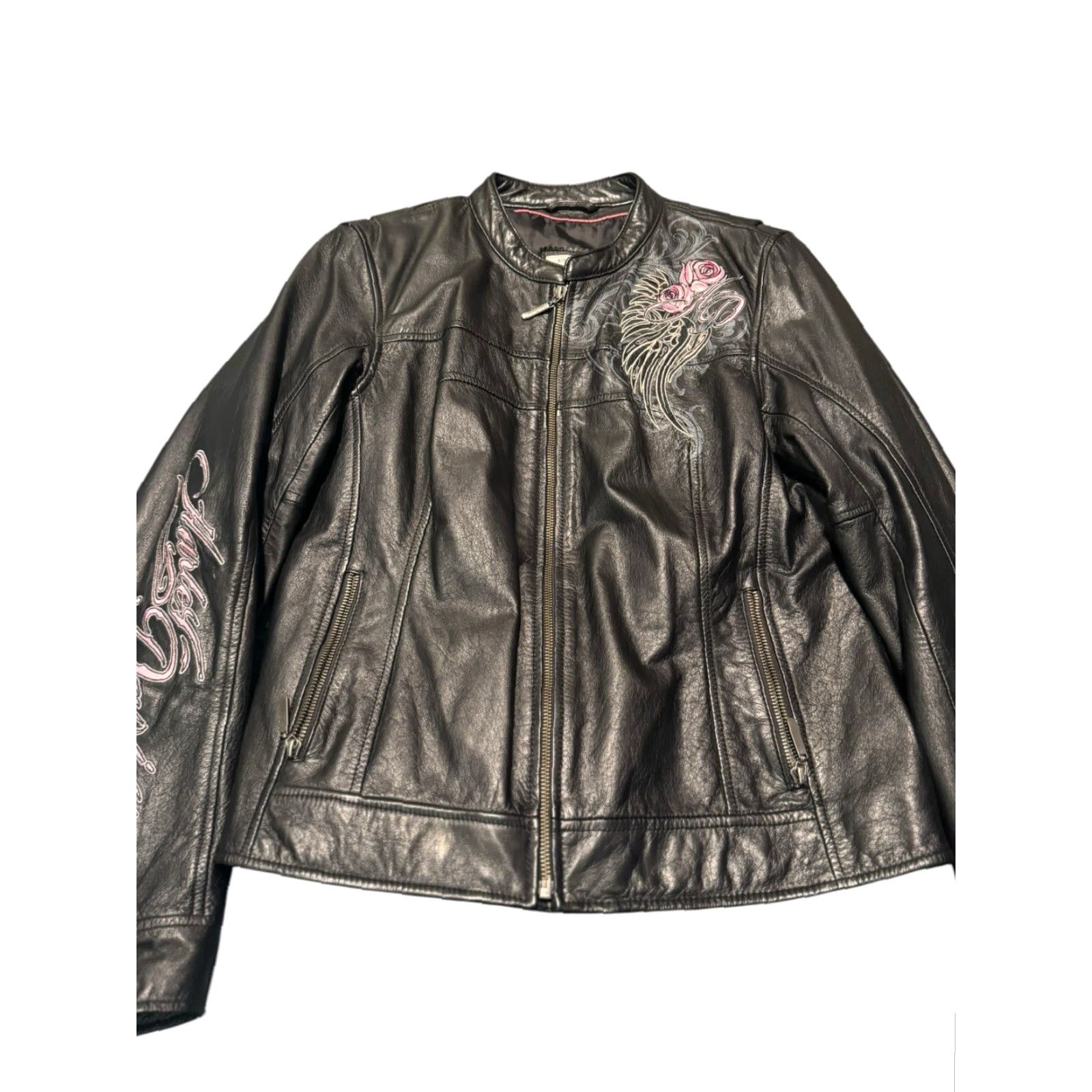Harley Davidson VINTAGE Harley-Davidson Womens Biker Jacket Leather Rose Pink Size L Black Mid-Length Long Sleeve Regular Clean Embroidered Logo Size L / US 10 / IT 46 - 2 Thumbnail