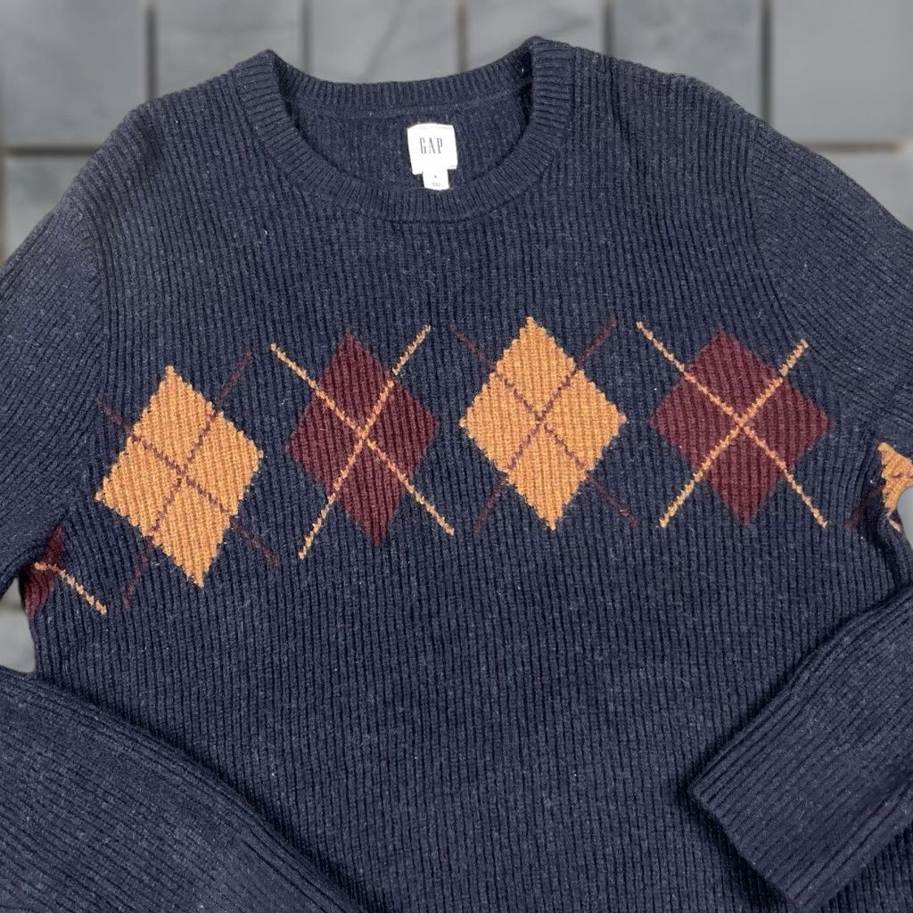 Gap VINTAGE GAP Sweater, Argyle Wool Knit, Blue, S, Pullover, Men, Classic, Preppy, 90s, Casual Knit, Fall Winter, Long Sleeve, Collarless, Navy Size US S / EU 44-46 / 1 - 1 Thumbnail