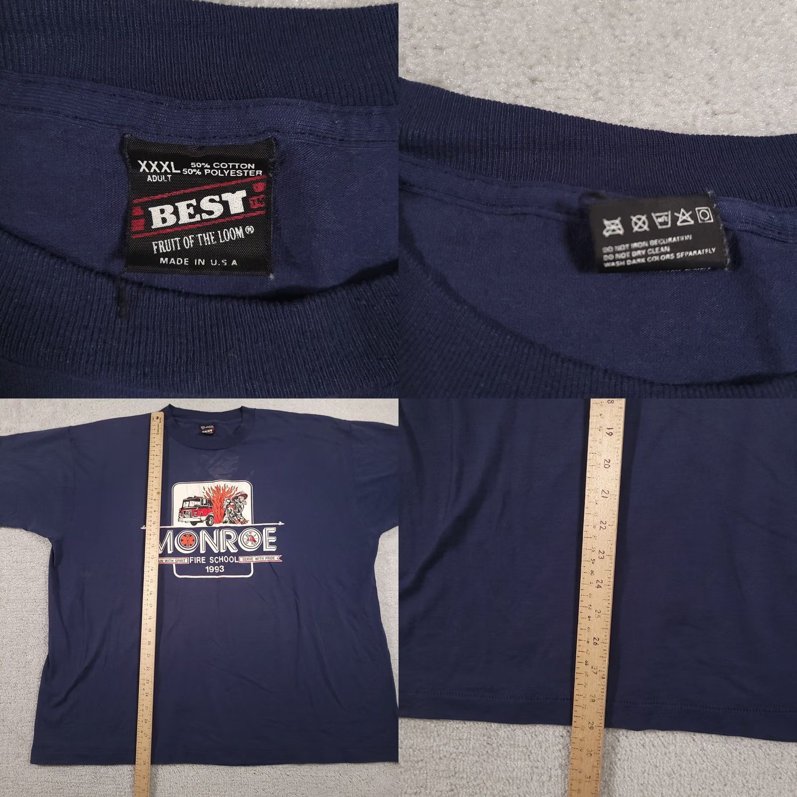 Fruit Of The Loom VINTAGE Monroe Fire School Shirt Mens 3XL Blue 1993 90s Tee Firefighter Graphic USA T-Shirt Size US XXL / EU 58 / 5 - 9 Thumbnail