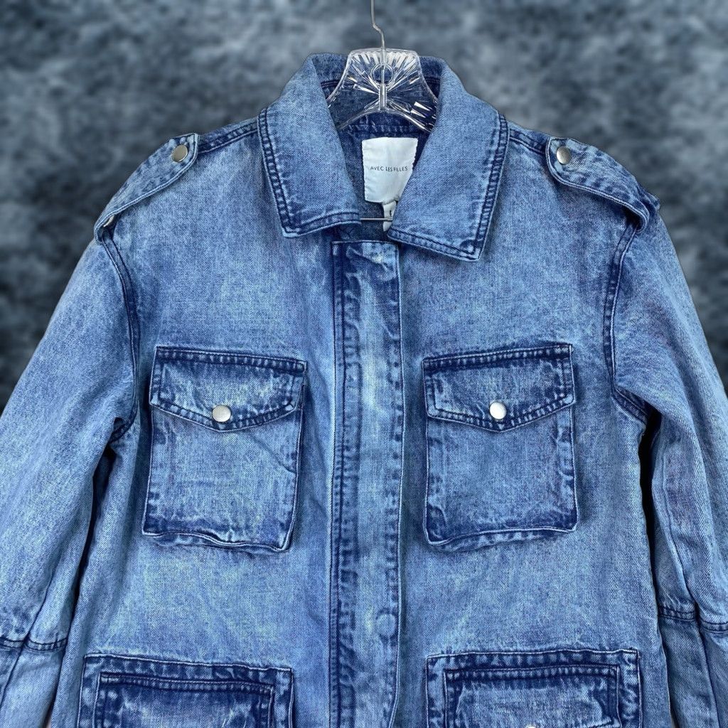 AVEC LES FILLES Avec Les Filles Jacket Womens S Denim Military Full Zip Pockets Acid Wash Blue Size S / US 4 / IT 40 - 1 Thumbnail