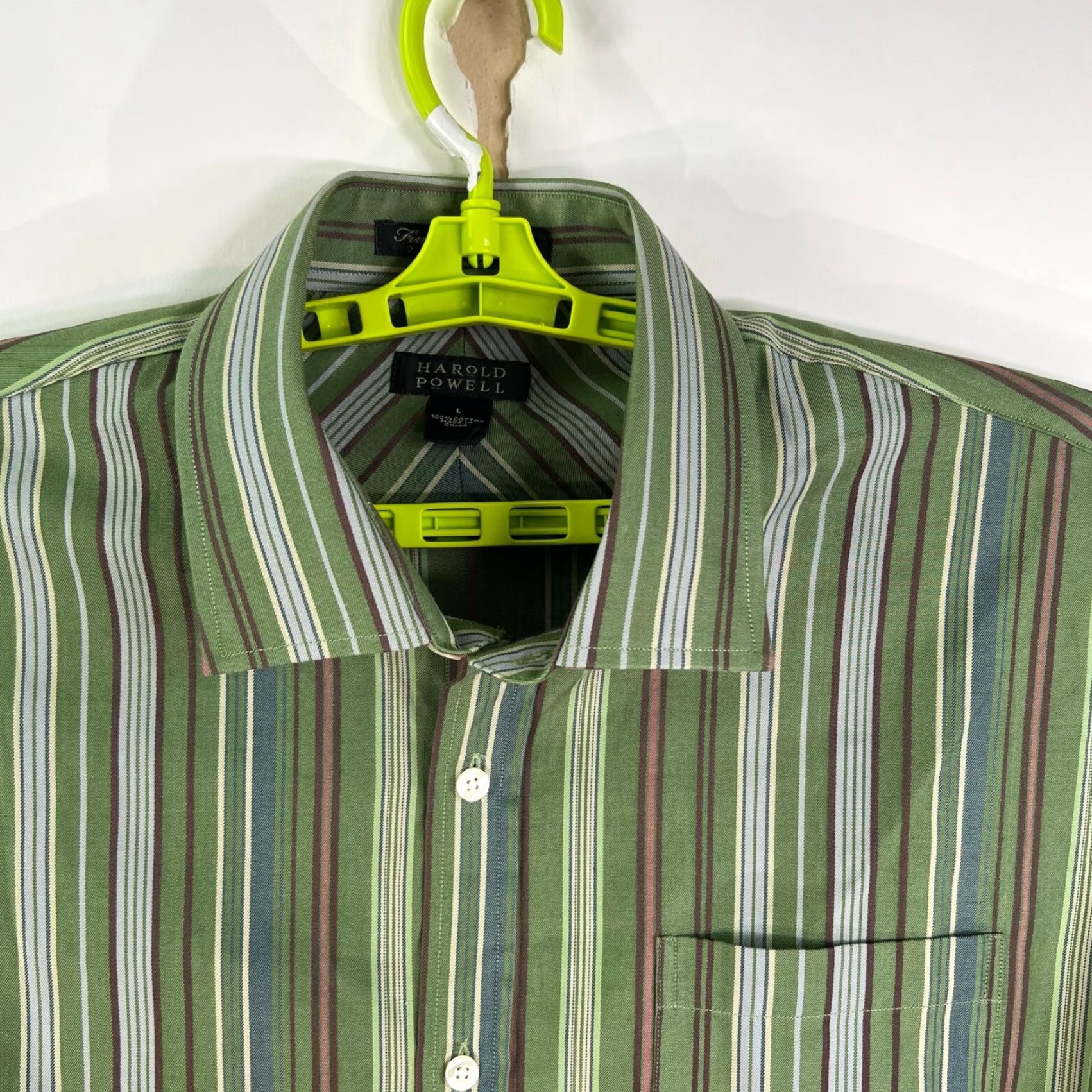 Vintage Harold Powell Striped Shirt Button L Green Long Sleeve 2 Ply Cotton Mens Size US L / EU 52-54 / 3 - 3 Thumbnail