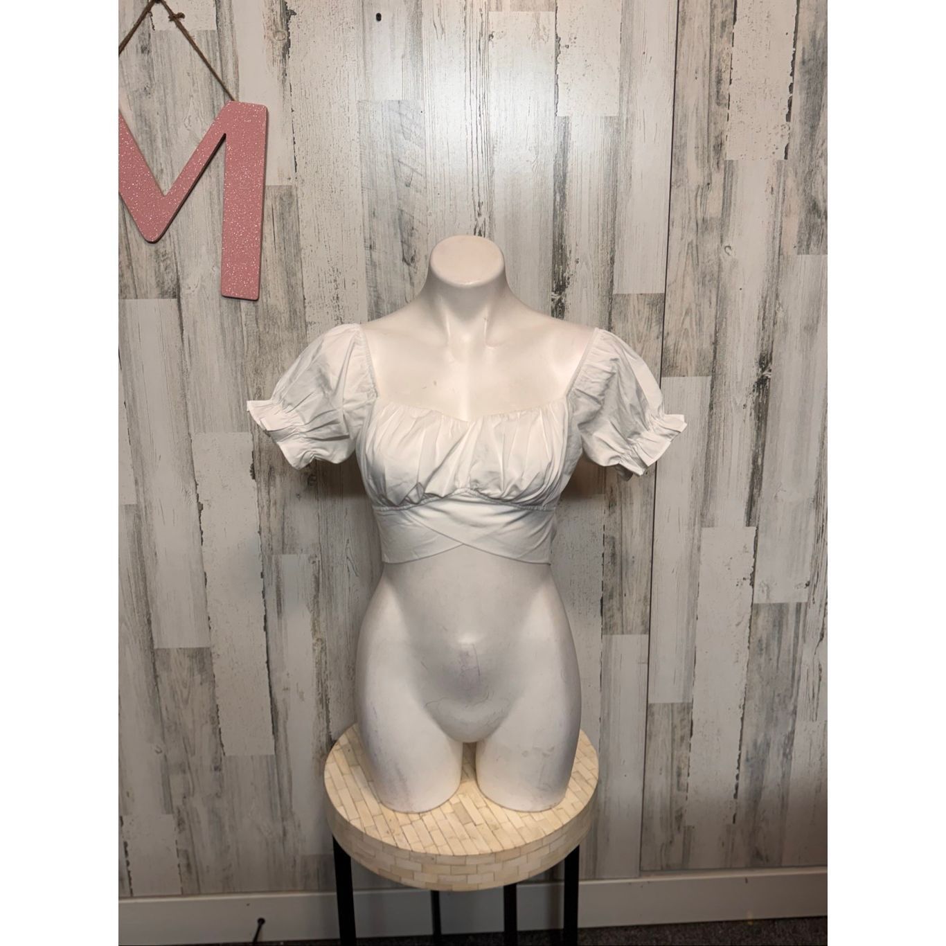 Other Lyaner White Puff Sleeve Tie Back Crop Top Medium Boho Cottagecore Blouse NWT Size M / US 6-8 / IT 42-44 - 2 Thumbnail