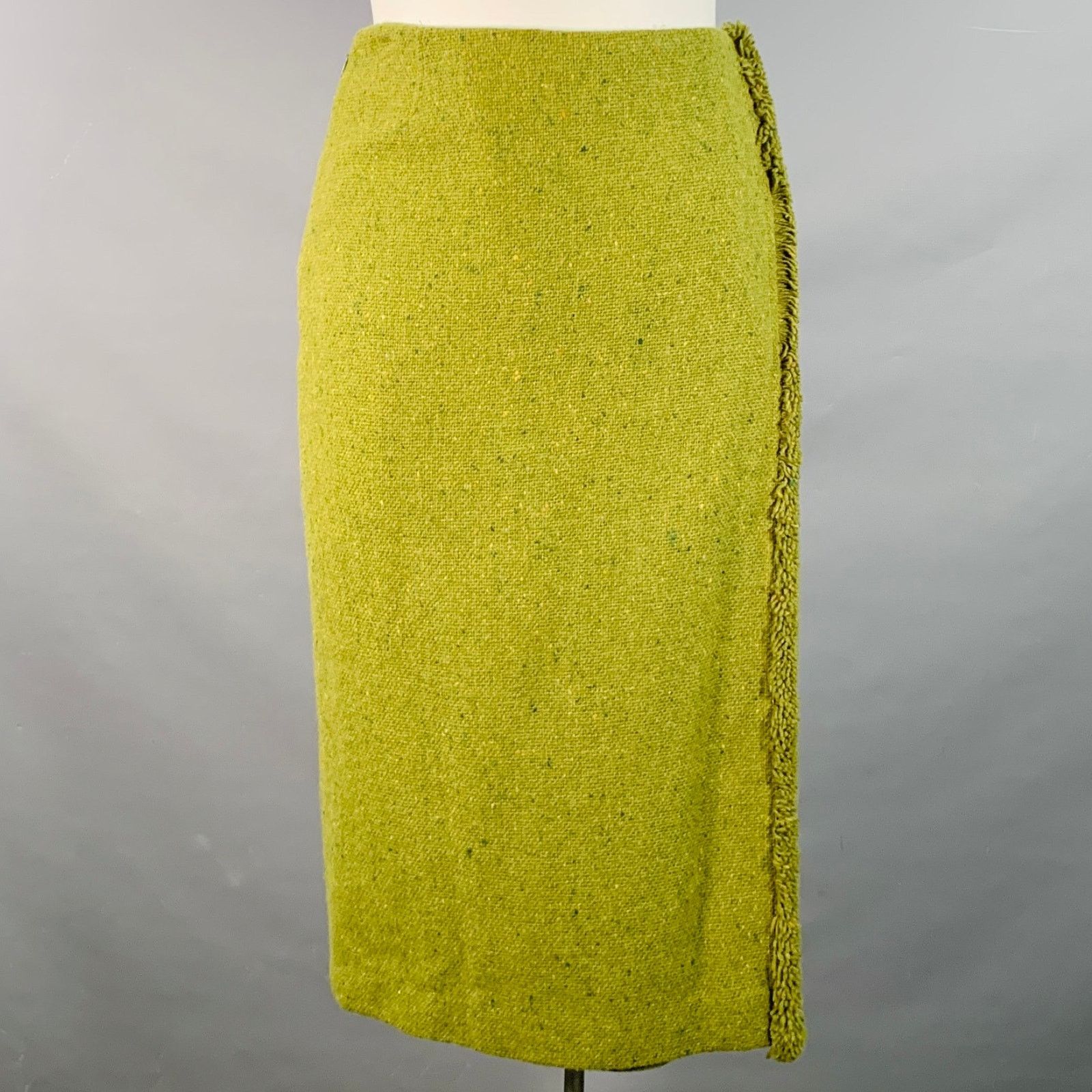 Other CHRIS BENZ Size 10 Green Wool Tweed Fringe Pencil Skirt Size 32" / US 10 / IT 46 - 1 Thumbnail