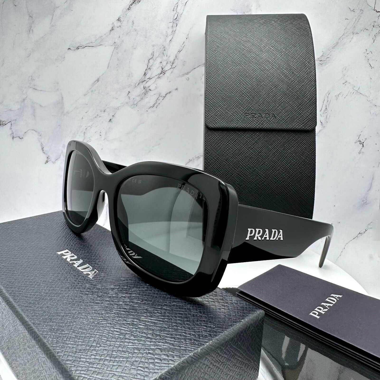 image of Prada Sunglasses Black Silver Rectangle Logo Authentic, Men's