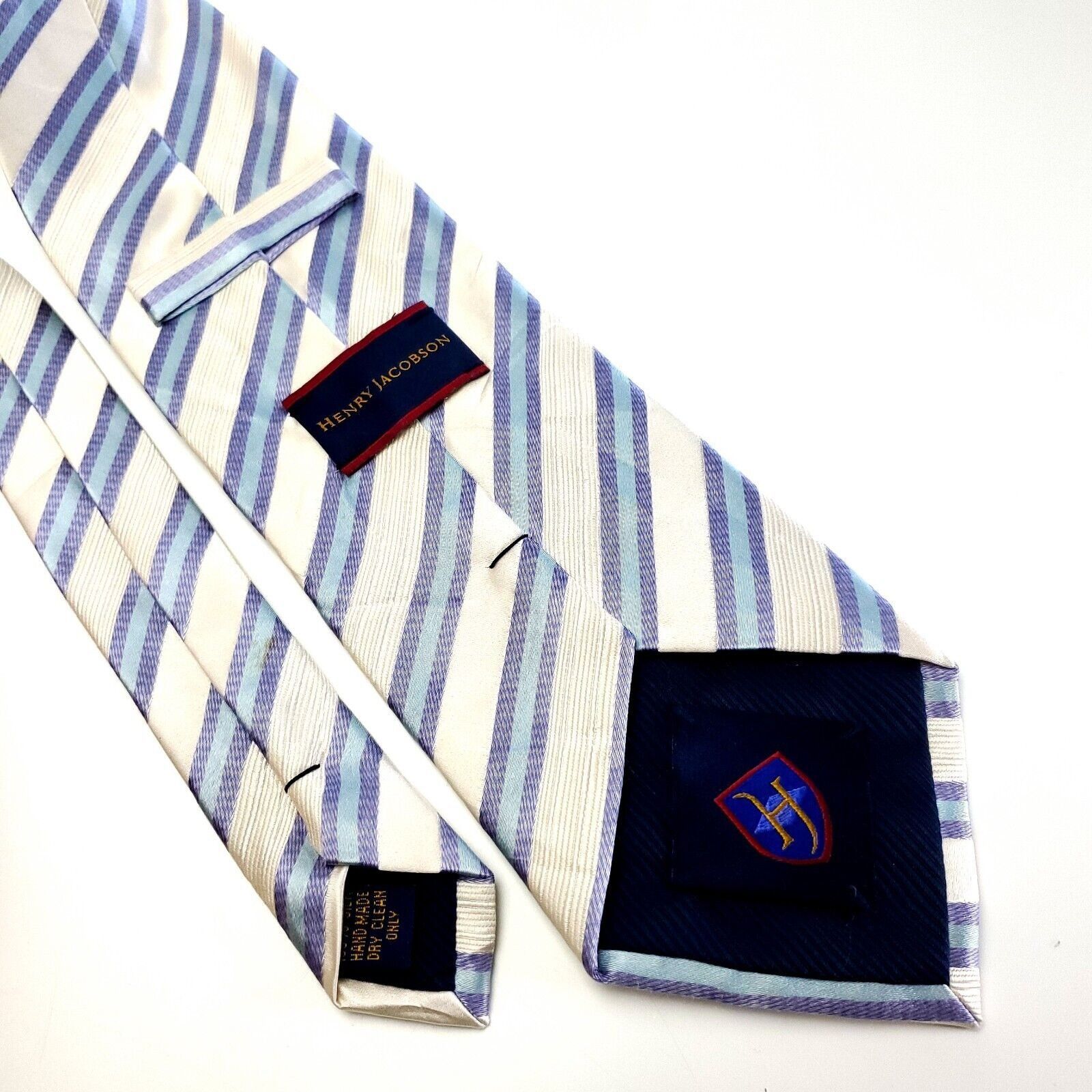 Designer Henry Jacobson Silk Tie Woven Cream Blue Striped Wide Size ONE SIZE - 6 Thumbnail