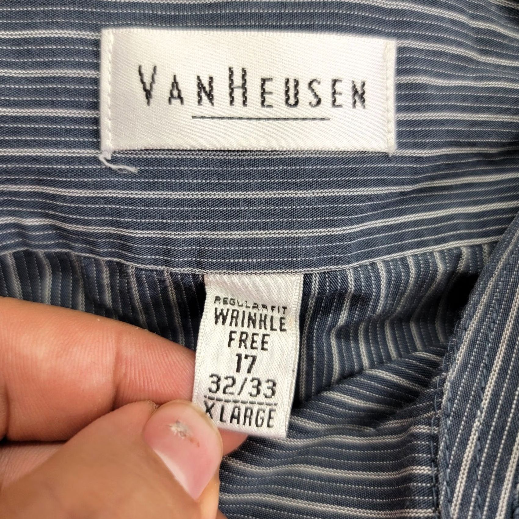 Van Heusen Van Heusen Shirt Mens XL 17 32/33 Gray Striped Dress Wrinkle Free Regular Fit Size 46R - 4 Thumbnail