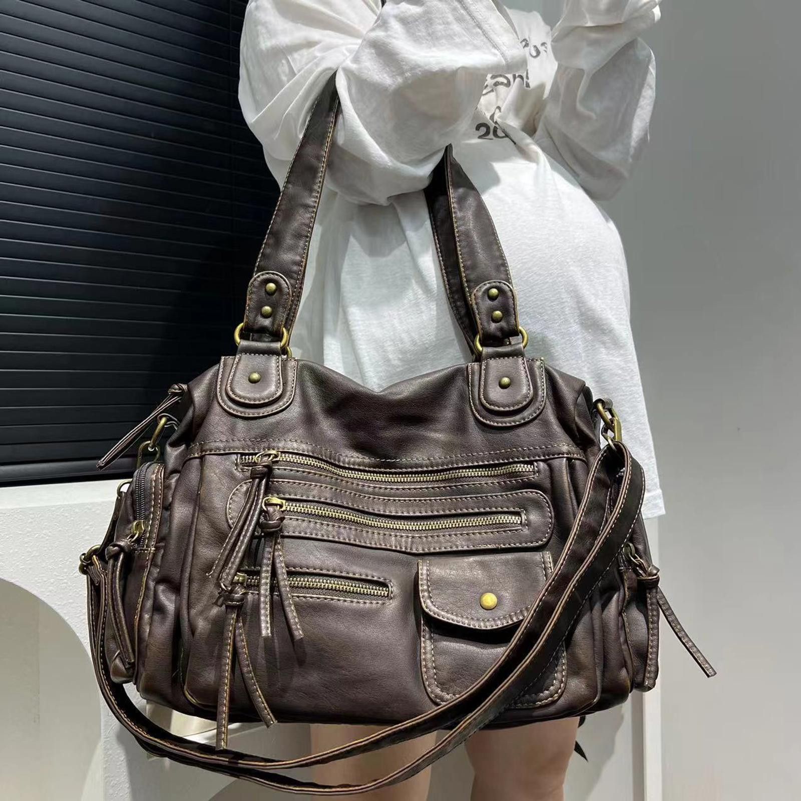 Vintage Brown Multi-Zip Leather Shoulder Handbag, Large Tote Size ONE SIZE - 1 Thumbnail