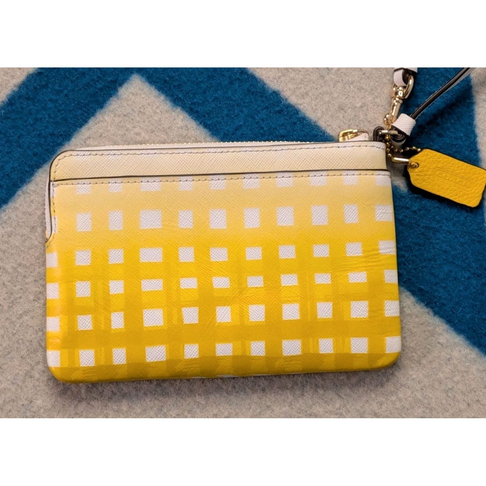 Coach Coach Saffiano Sunglow Ombre Gingham Small Wristlet Wallet Yellow Plaid 6" Womens Size ONE SIZE - 4 Thumbnail