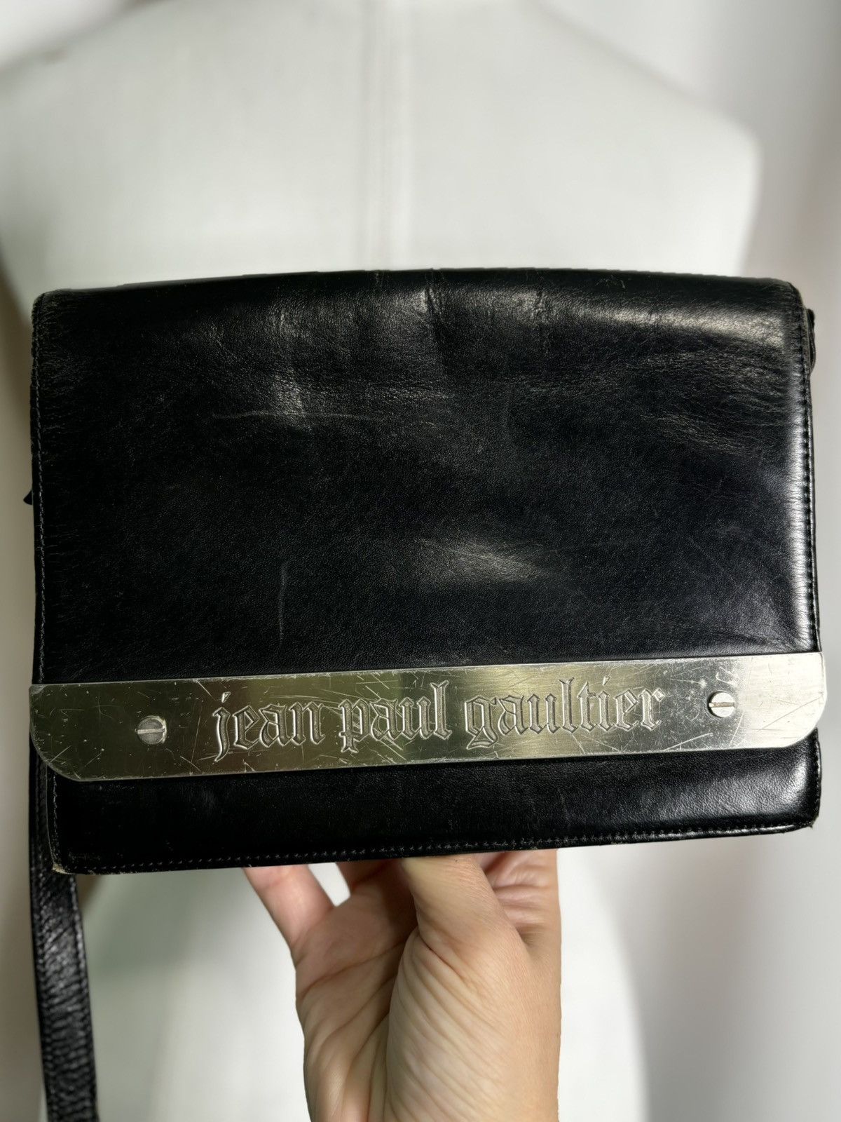 Vintage Jean Paul Gaultier Black Leather Metal Plate Purse