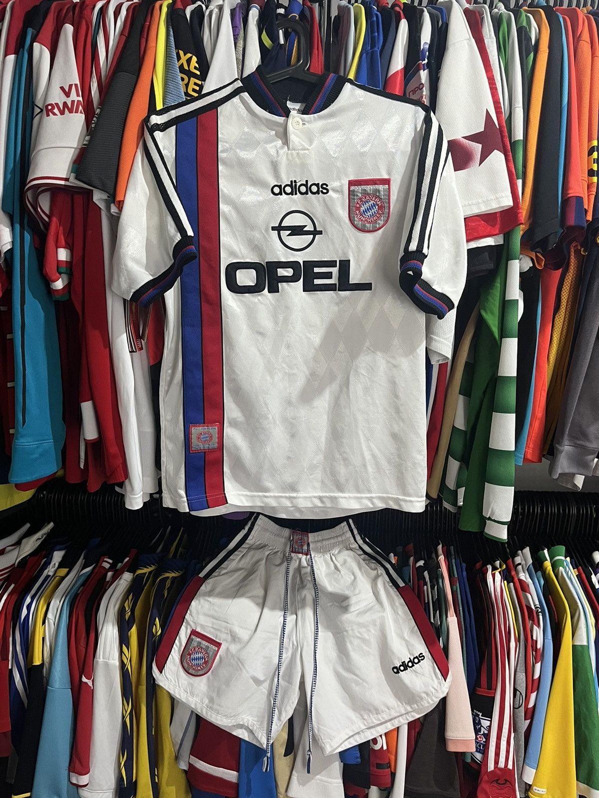 image of Adidas Bayern München 1996/97 Away Soccer Jersey + Shorts in White, Men's (Size Small)