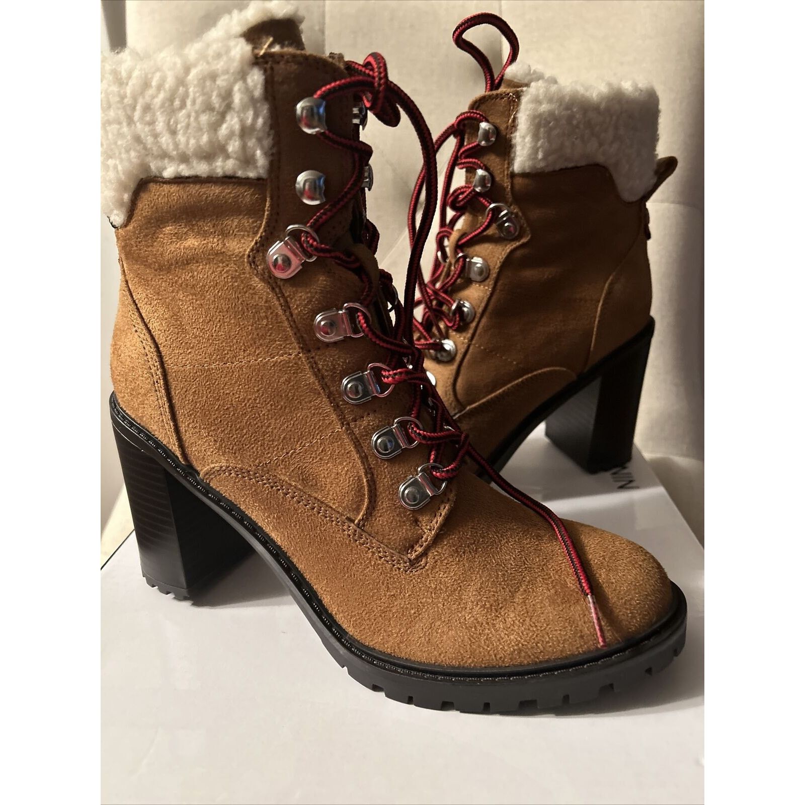 NEW W/BOX Nine West Peer Sherpa Cuff Ankle Boots Brown