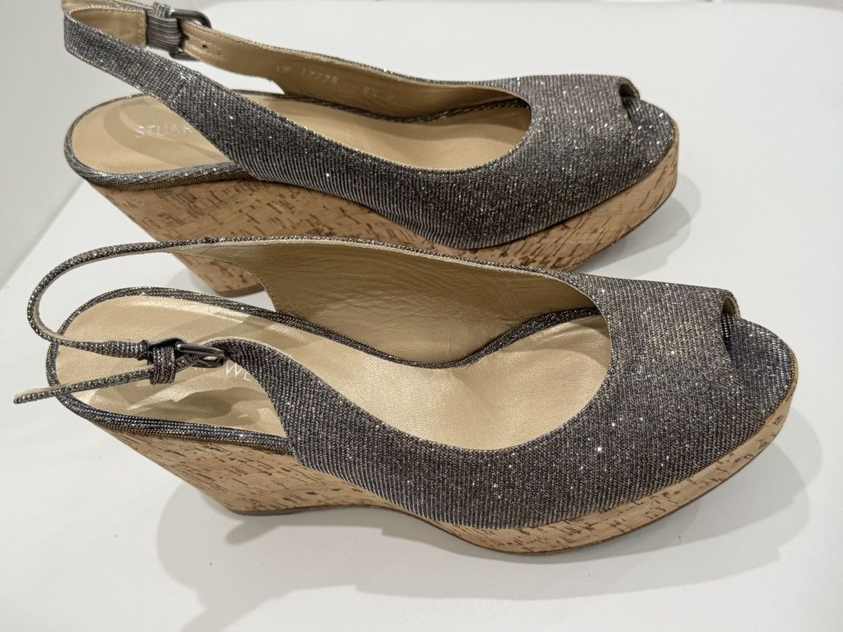 Stuart Weitzman Stuart Weitzman Black Silver Glitter Slingback Wedge Size US 8.5 / IT 38.5 - 3 Thumbnail