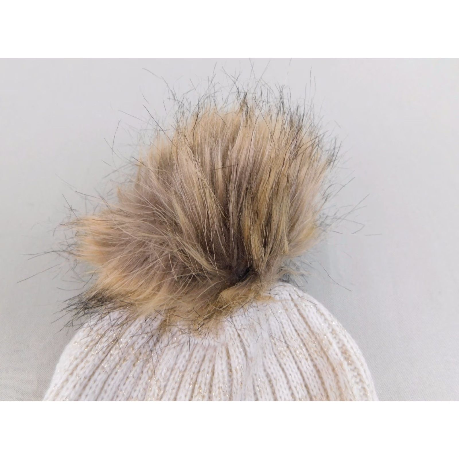 Incu INC Beanie Hat Womens Winter Knit Faux Fur Pom Pom Ivory Beige 6080 Size ONE SIZE - 4 Thumbnail