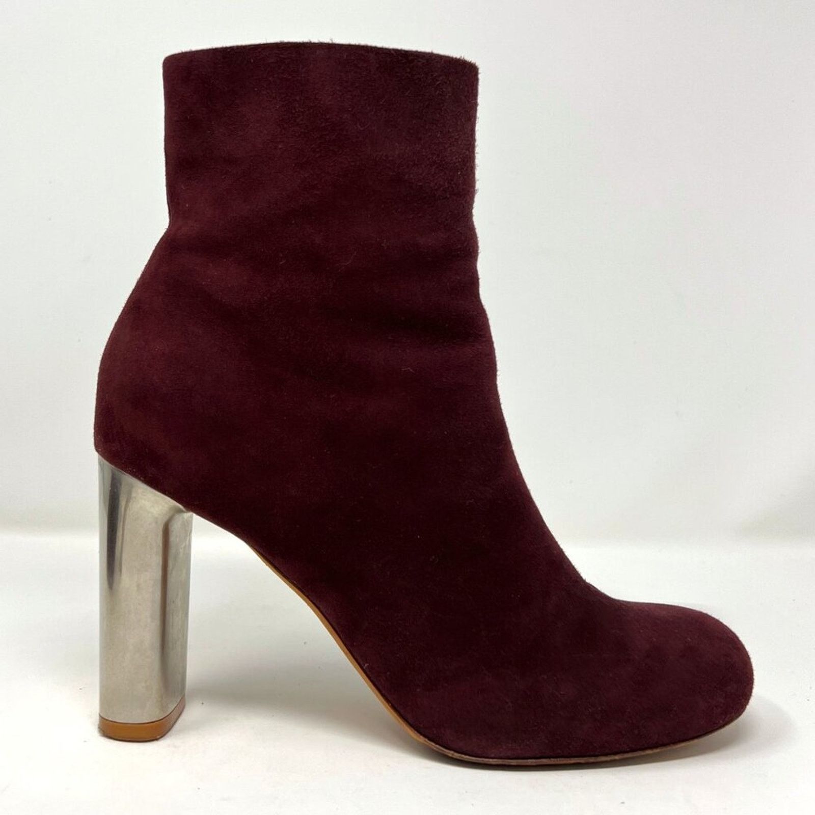 Celine Celine Dark Cherry Suede Mid-Calf Boots Silver Block Heel Size US 7.5 / IT 37.5 - 3 Thumbnail