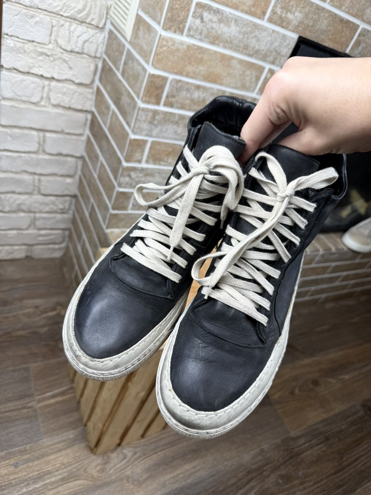 Masnada Masnada Leather Double Sole Black Hi Top Sneakers Size US 7 / EU 40 - 5 Thumbnail