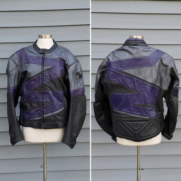 Vintage Vintage 90s y2k Black Purple Leather Armored Moto Jacket Size M / US 6-8 / IT 42-44 - 1 Thumbnail