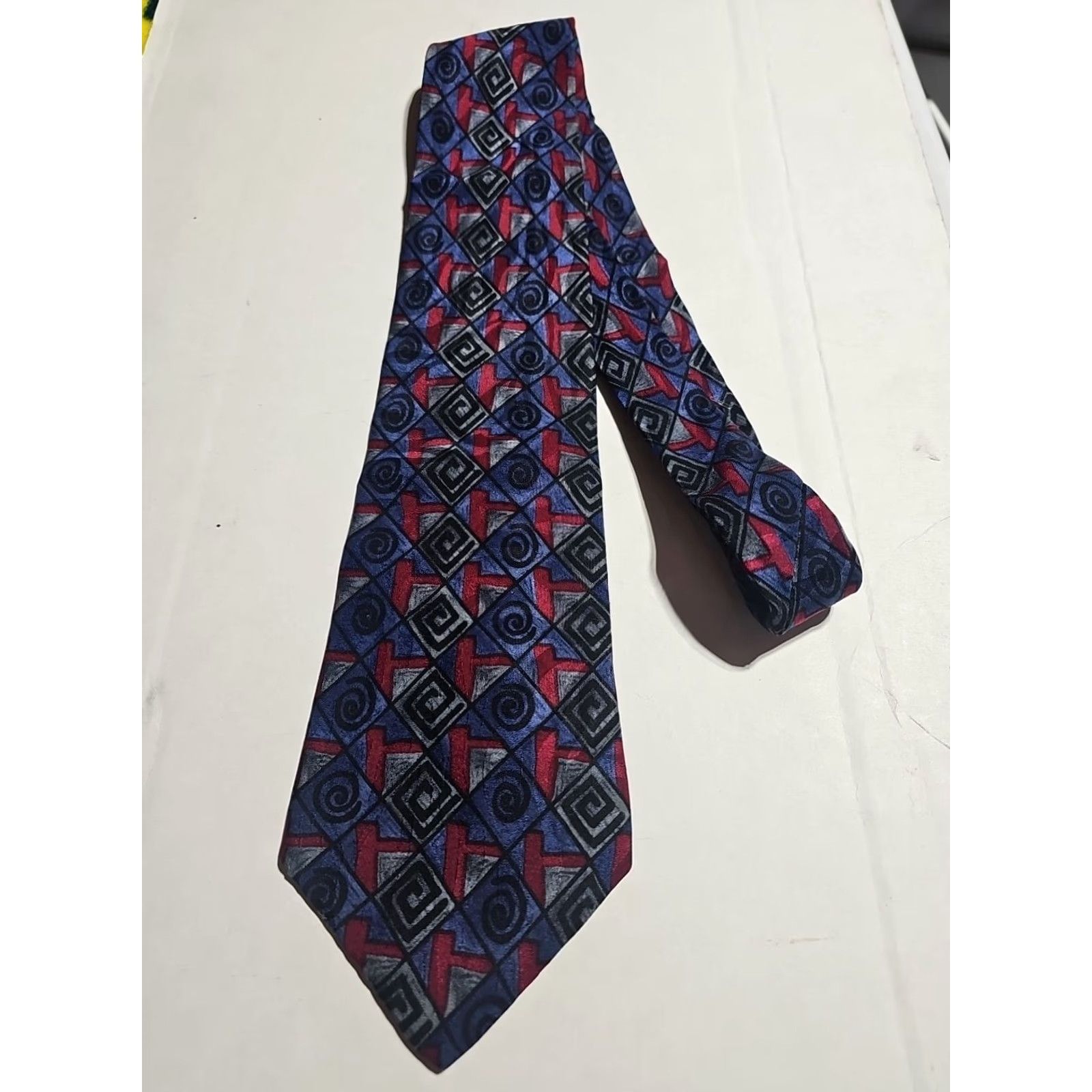 Albert Nipon Albert Nipon Studio Geometric Silk Neck Tie 57”L 4”W Blue Multi-Color USA Men Tie Size ONE SIZE - 6 Thumbnail