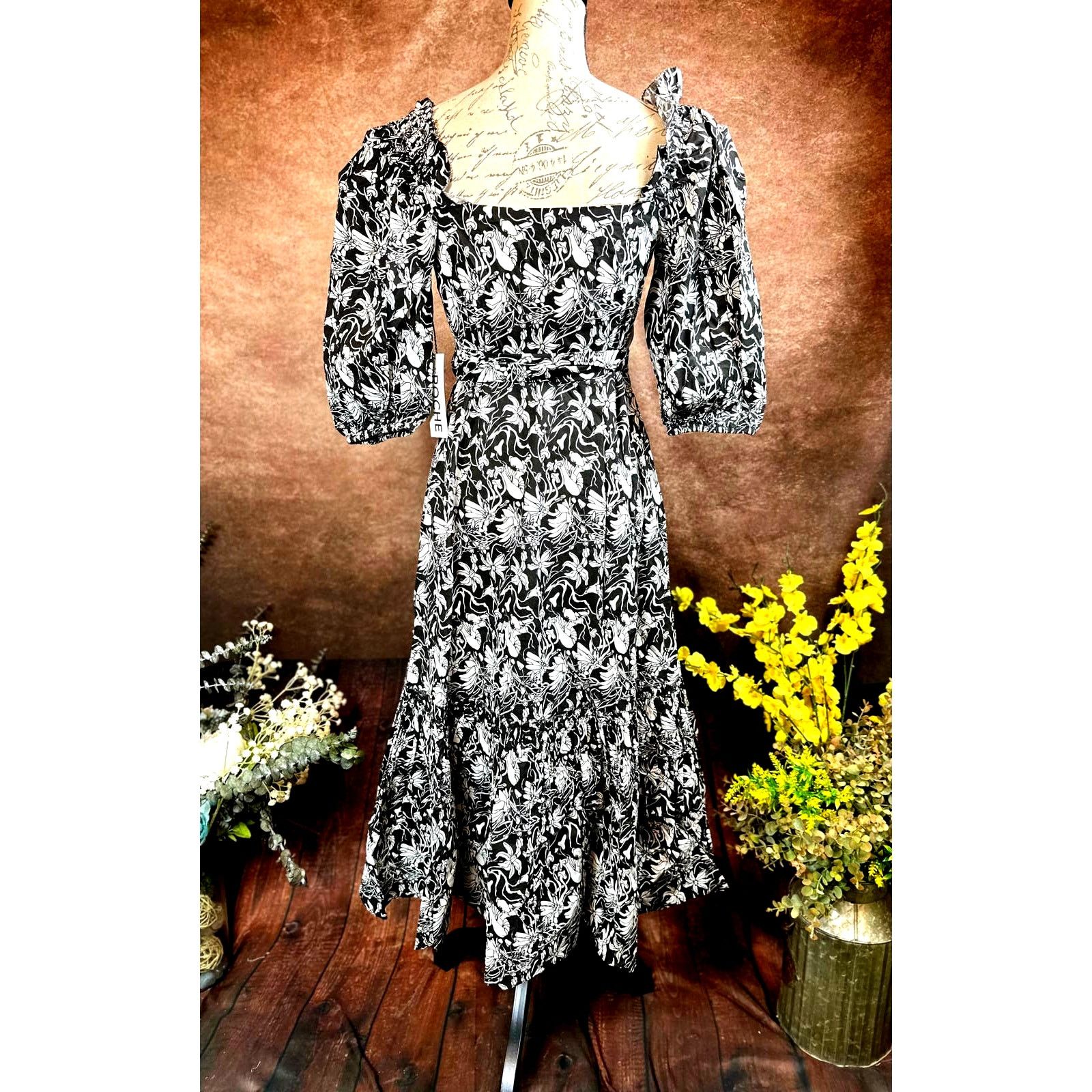 Other St Roche Romaine Midi Wrap Dress Black White Florals size 0 Size XS / US 0-2 / IT 36-38 - 10 Thumbnail