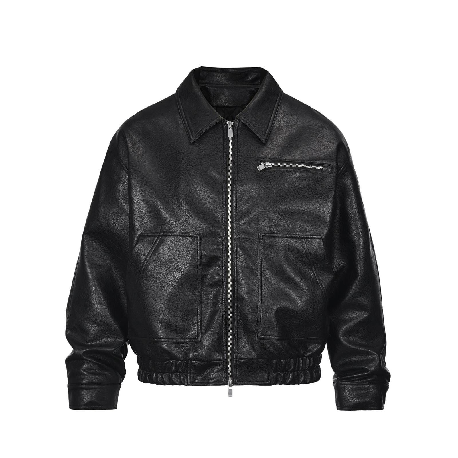Black Cropped Leather Bomber Jacket Zip Front Jacket