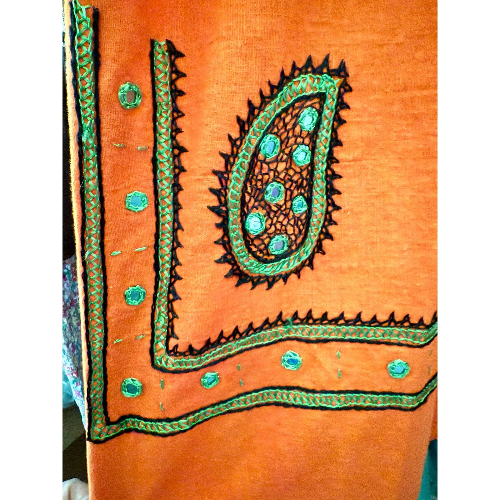 Vintage Vintage 70s Nitya Orange Green Mirror Kaftan Dress XS Small Size S / US 4 / IT 40 - 5 Thumbnail