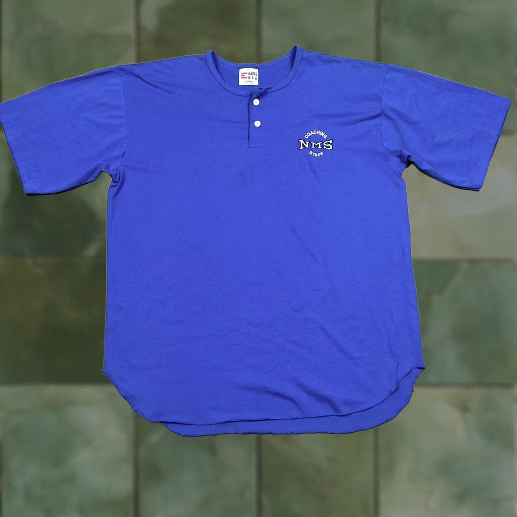 Vintage VINTAGE 90s Eagles USA Coaching StaffT Shirt XL Blue Henley Short Sleeve Embroidered 50/50 Cotton/Poly Mens Size US XL / EU 56 / 4 - 1 Thumbnail