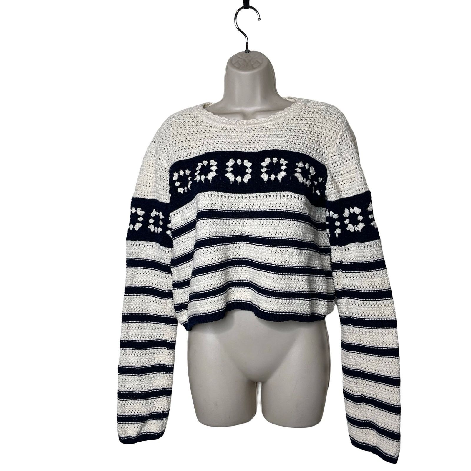 La Ligne La Ligne Striped Pointelle Pullover Knit Sweater Blue/Cream Size S / US 4 / IT 40 - 2 Thumbnail