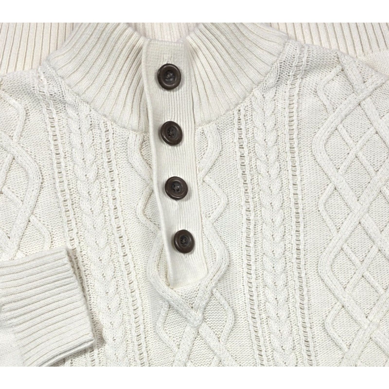 Vintage Alan Flusser Sweater Mens L Cable Knit Ivory Fair Isle Henley Collar Fisherman Size US L / EU 52-54 / 3 - 2 Thumbnail