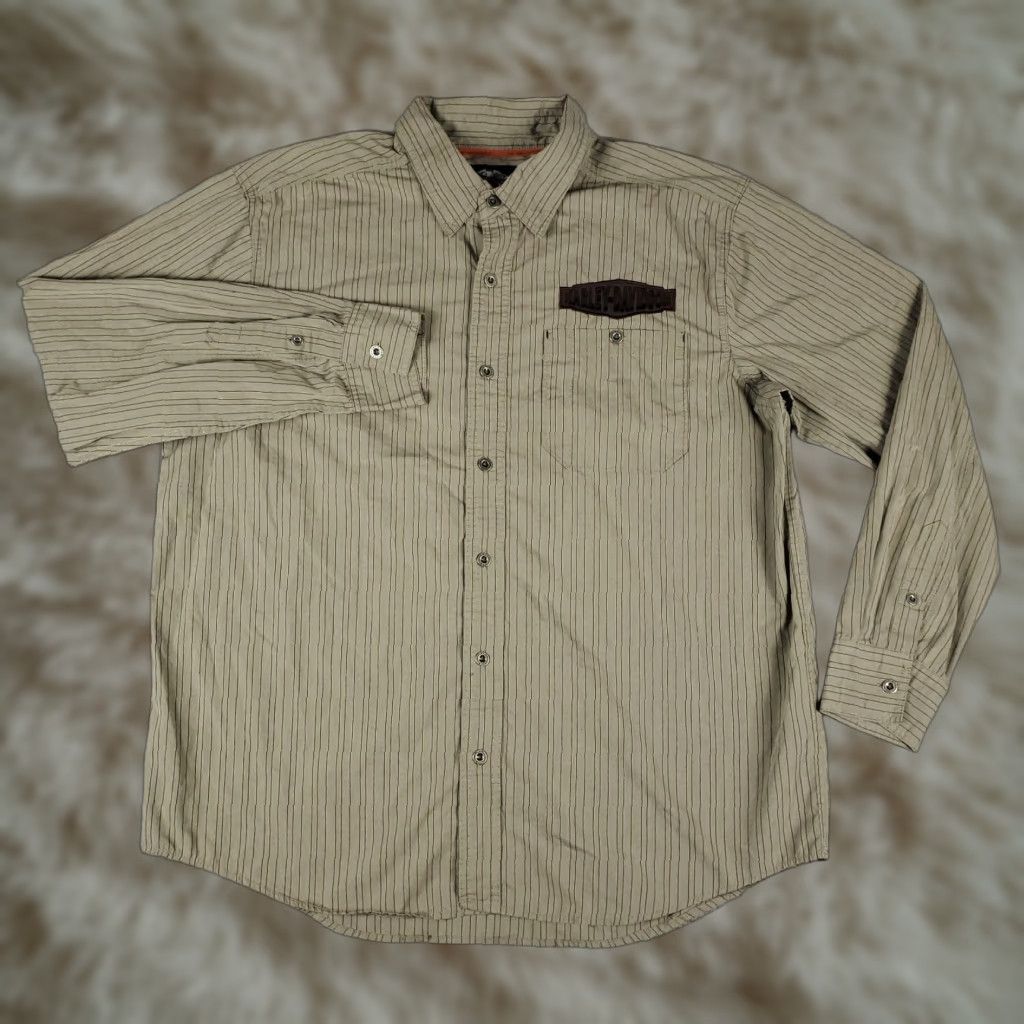 Harley Davidson Harley-Davidson Shirt Mens XL Beige Striped Button-Up Long Sleeve Size US XL / EU 56 / 4 - 1 Thumbnail