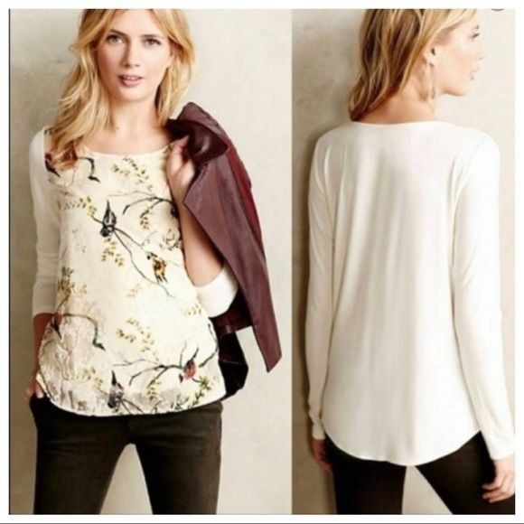 Anthropologie Anthropologie Deletta Bird Print Long Sleeve Top Cream S Vel Size S / US 4 / IT 40 - 1 Thumbnail
