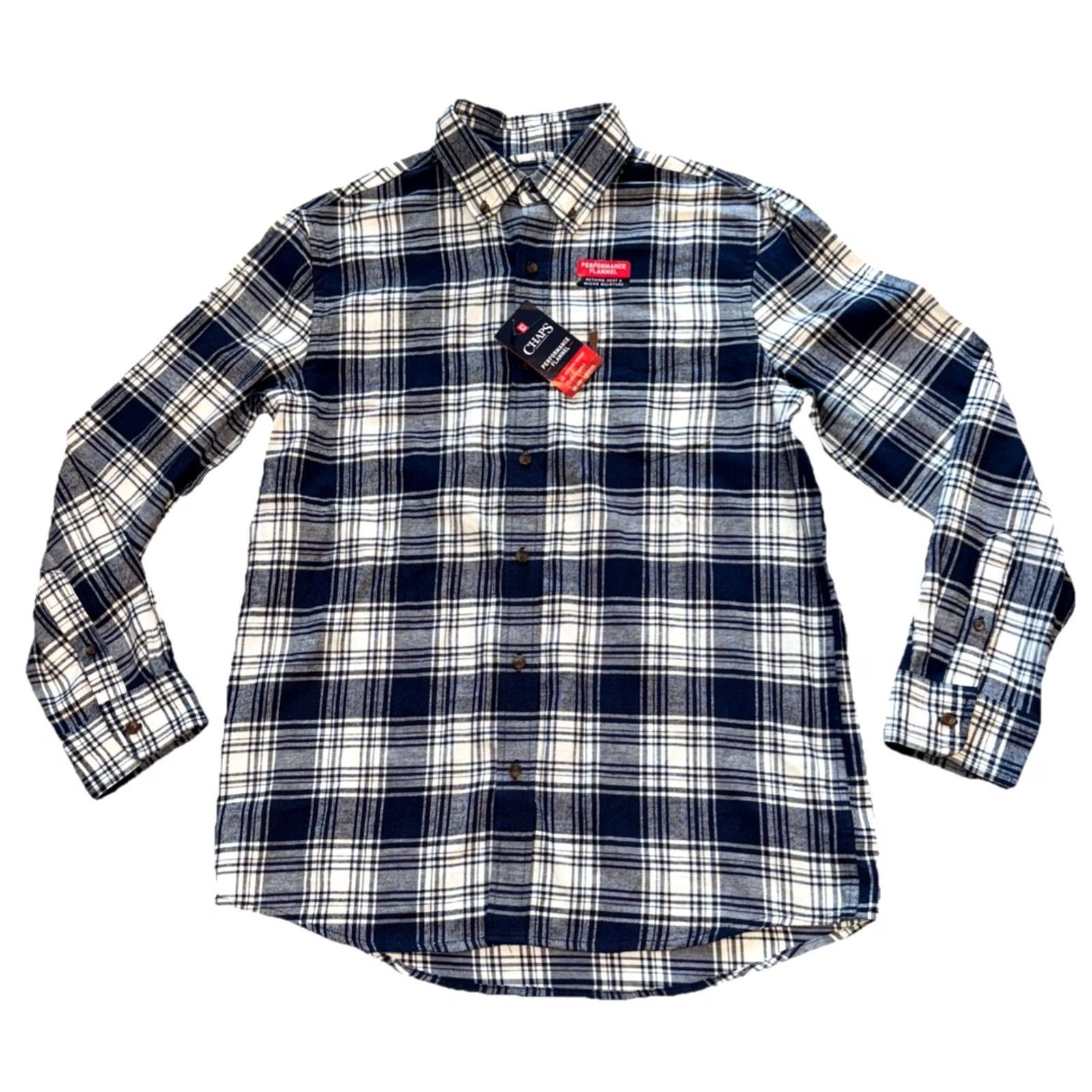 Chaps Chaps Performance Flannel Shirt Men’s M Navy Blue Plaid Button-Up NWT Size US M / EU 48-50 / 2 - 2 Thumbnail