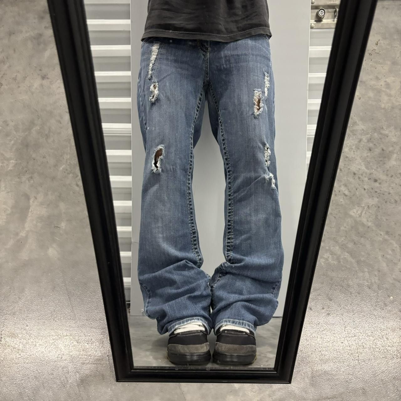 Japanese Brand × Vintage Crazy Vintage Y2K/2000s Grunge Medium Wash Distressed Flared Denim Jeans! Size US 34 / EU 50 - 1 Thumbnail