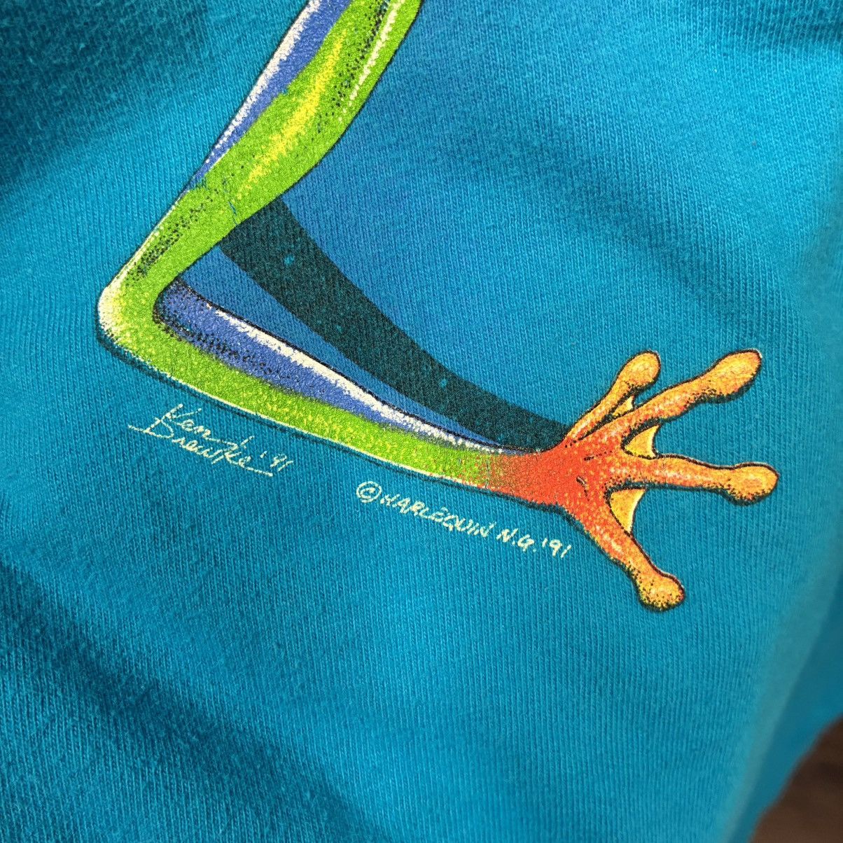 Hanes Vintage 1991 Teal Blue Wraparound Nature Frog Art tee Large Size US L / EU 52-54 / 3 - 6 Thumbnail