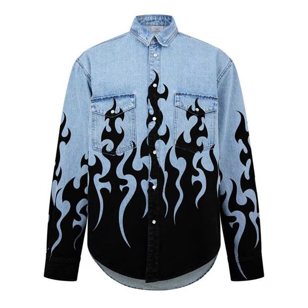 o1g2r1mq0824 Fire Print Denim Shirts in Blue & Black