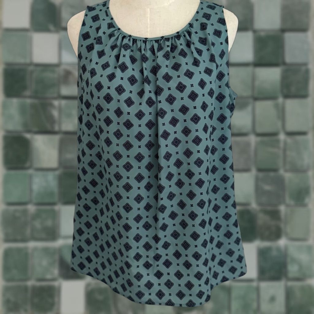 Loft LOFT Womens Tank Top Geometric Pleated Navy Green Office Workwear Casual Modern Shirt Adult M Sleeveless Blouse Size M / US 6-8 / IT 42-44 - 1 Thumbnail