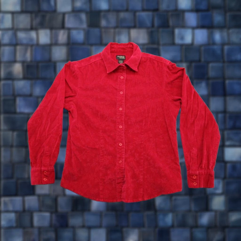 Vintage Guide Series Women's Red Corduroy Floral Button Up Long Sleeve Shirt S Size S / US 4 / IT 40 - 1 Thumbnail