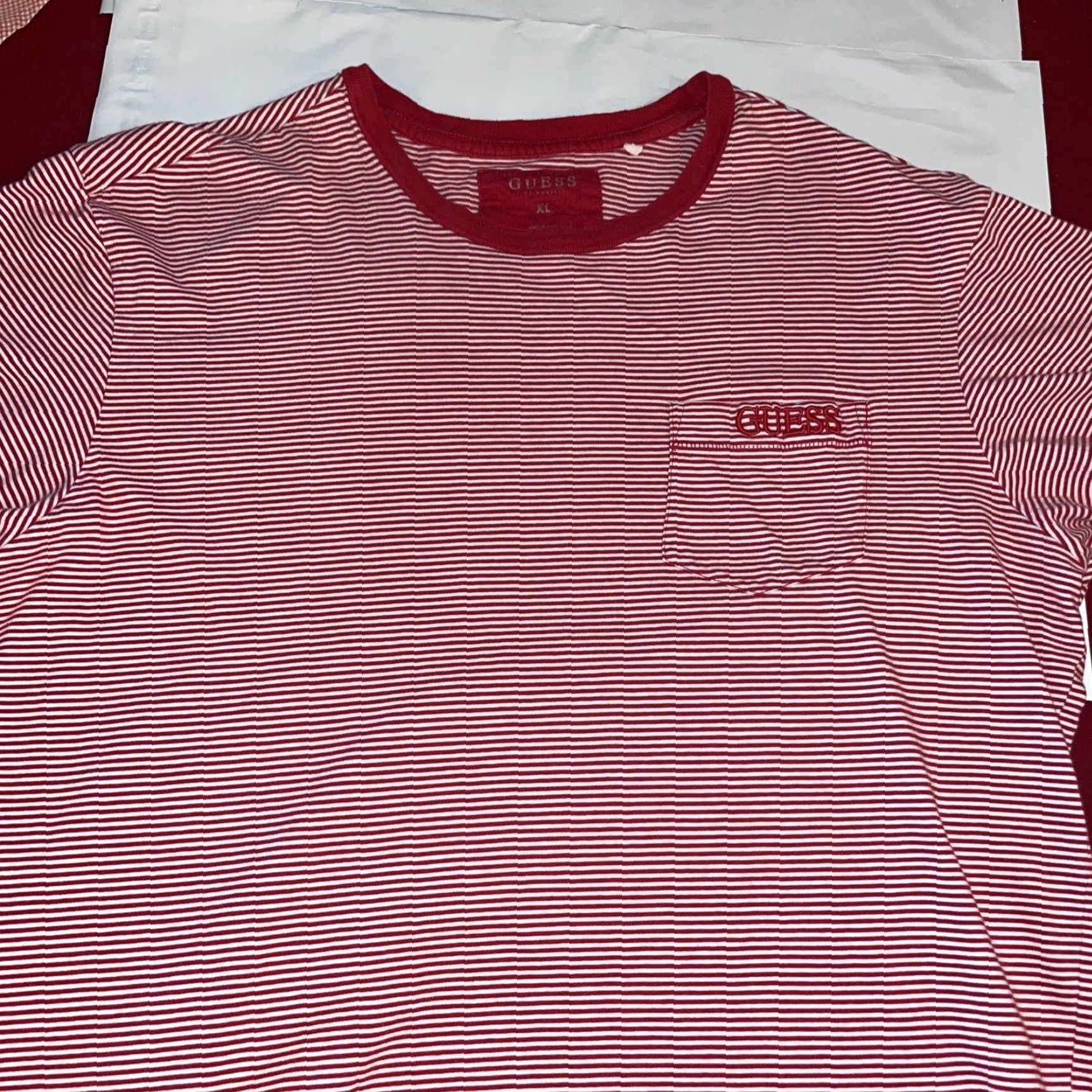 Guess VINTAGE Guess RED Striped T Shirt Mens XL Embroidered Spellout Pocket Y2K Preppy Size US XL / EU 56 / 4 - 3 Thumbnail