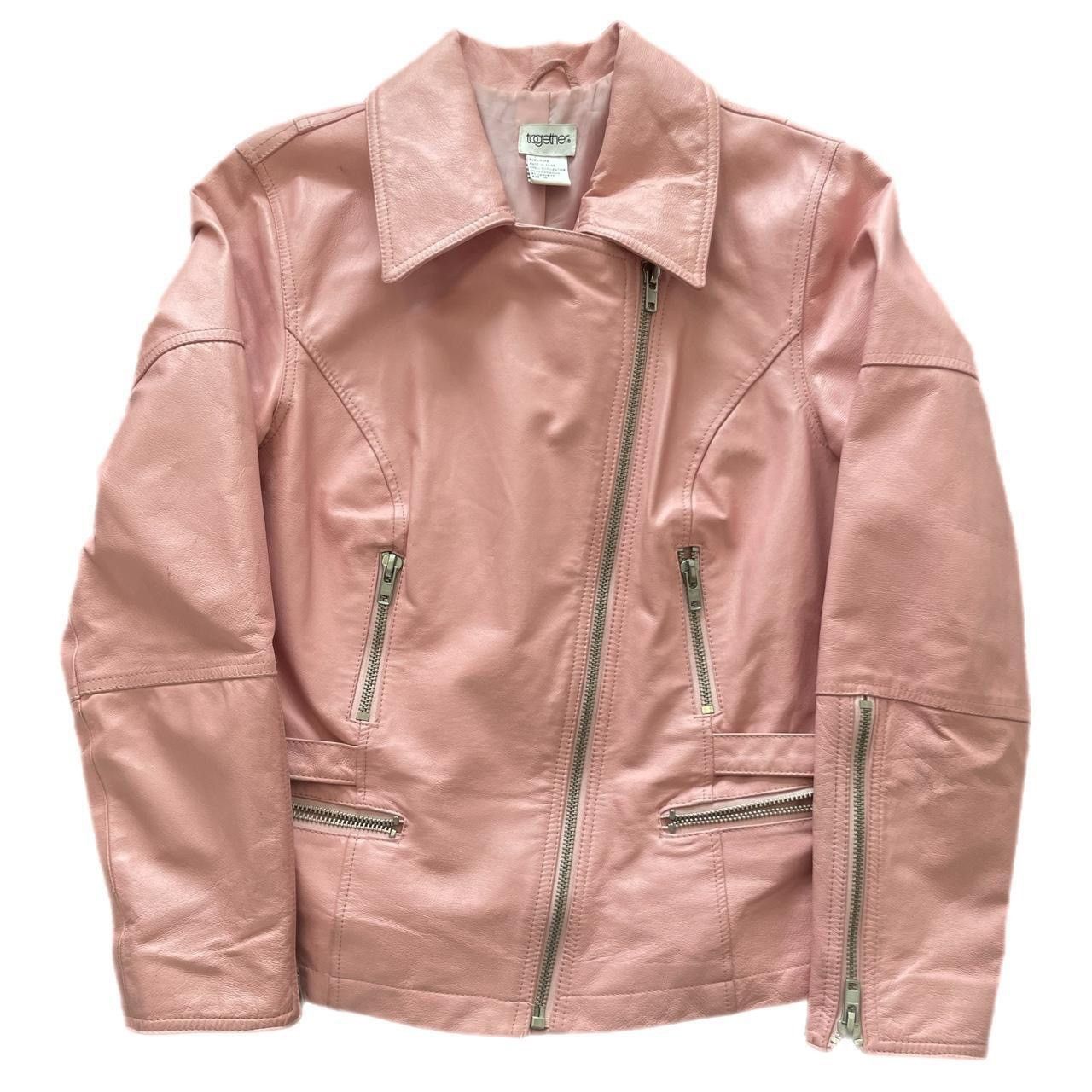 image of Leather Jacket Vintage Together Pink Genuine Leather Motorcycle Jacket, Women's (Size XL)