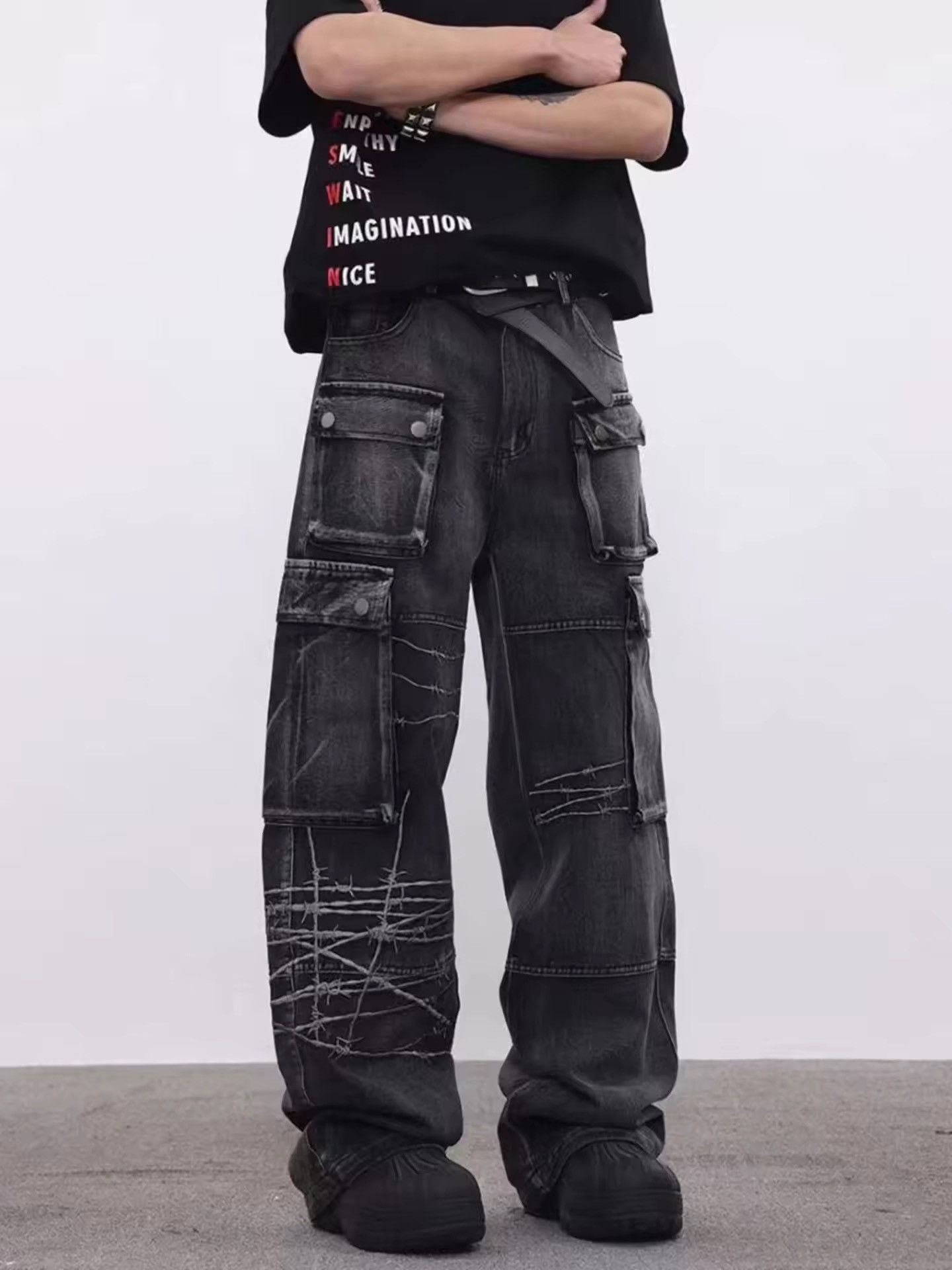 Jean × Vintage Streetwear Heavy Industry Embroidery Loose Wide-leg Jean Size US 34 / EU 50 - 2 Thumbnail
