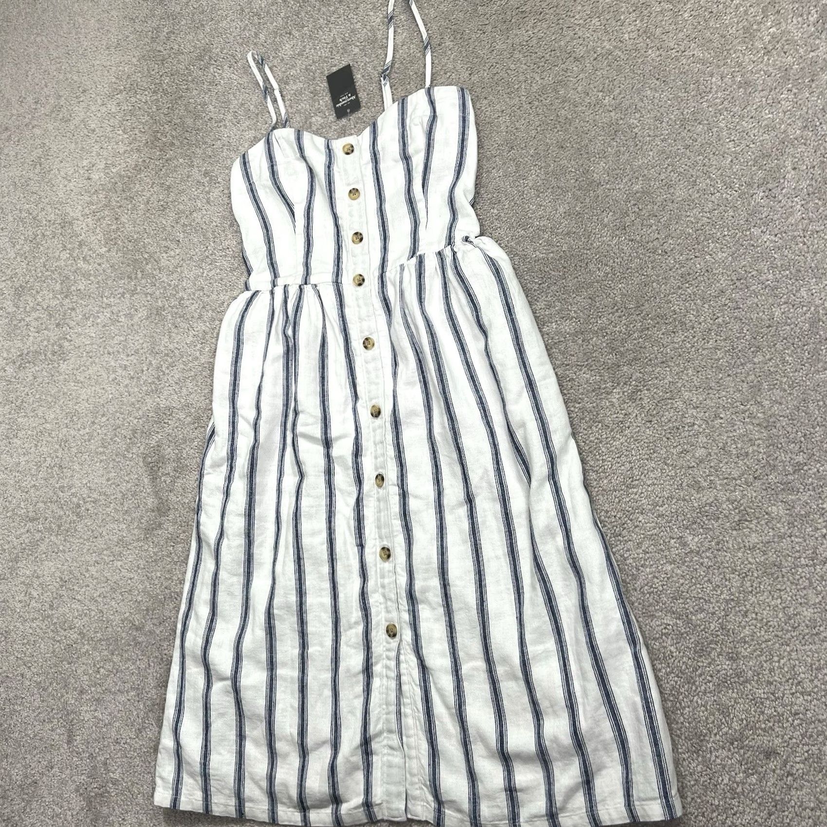 Abercrombie & Fitch VINTAGE Abercrombie Fitch Dress XSP White Blue Stripe Linen Blend Pockets Lined Knee NWT Size XS / US 0-2 / IT 36-38 - 2 Thumbnail