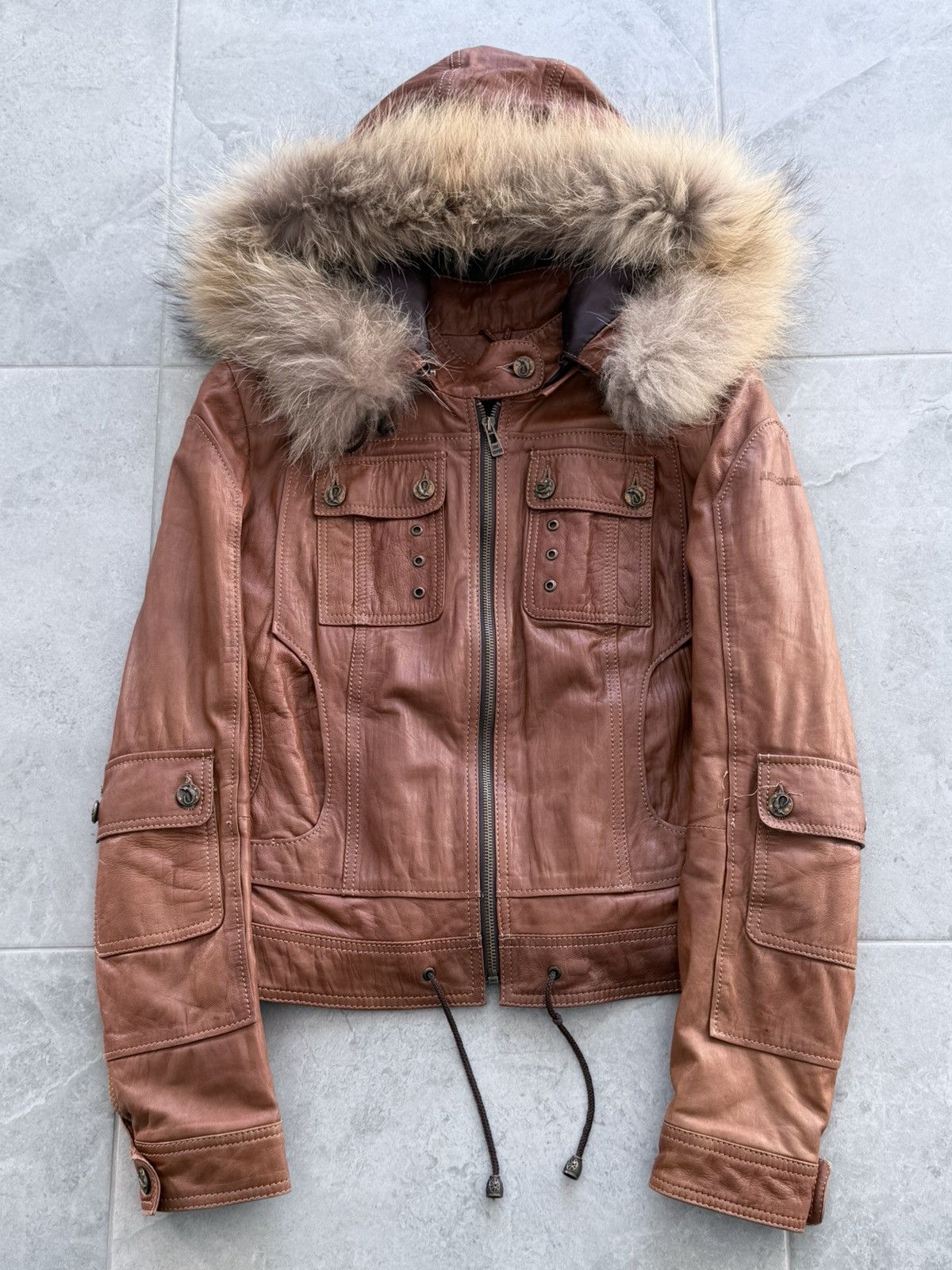 Just Cavalli 2000s Cavalli Cargo Fur Hood Leather Jacket Size S / US 4 / IT 40 - 1 Thumbnail