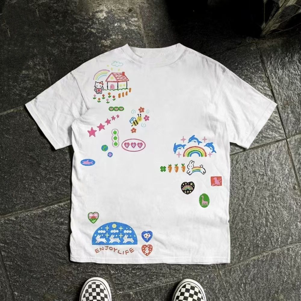 Vintage White street casual retro rainbow print t-shirt Size US M / EU 48-50 / 2 - 1 Thumbnail