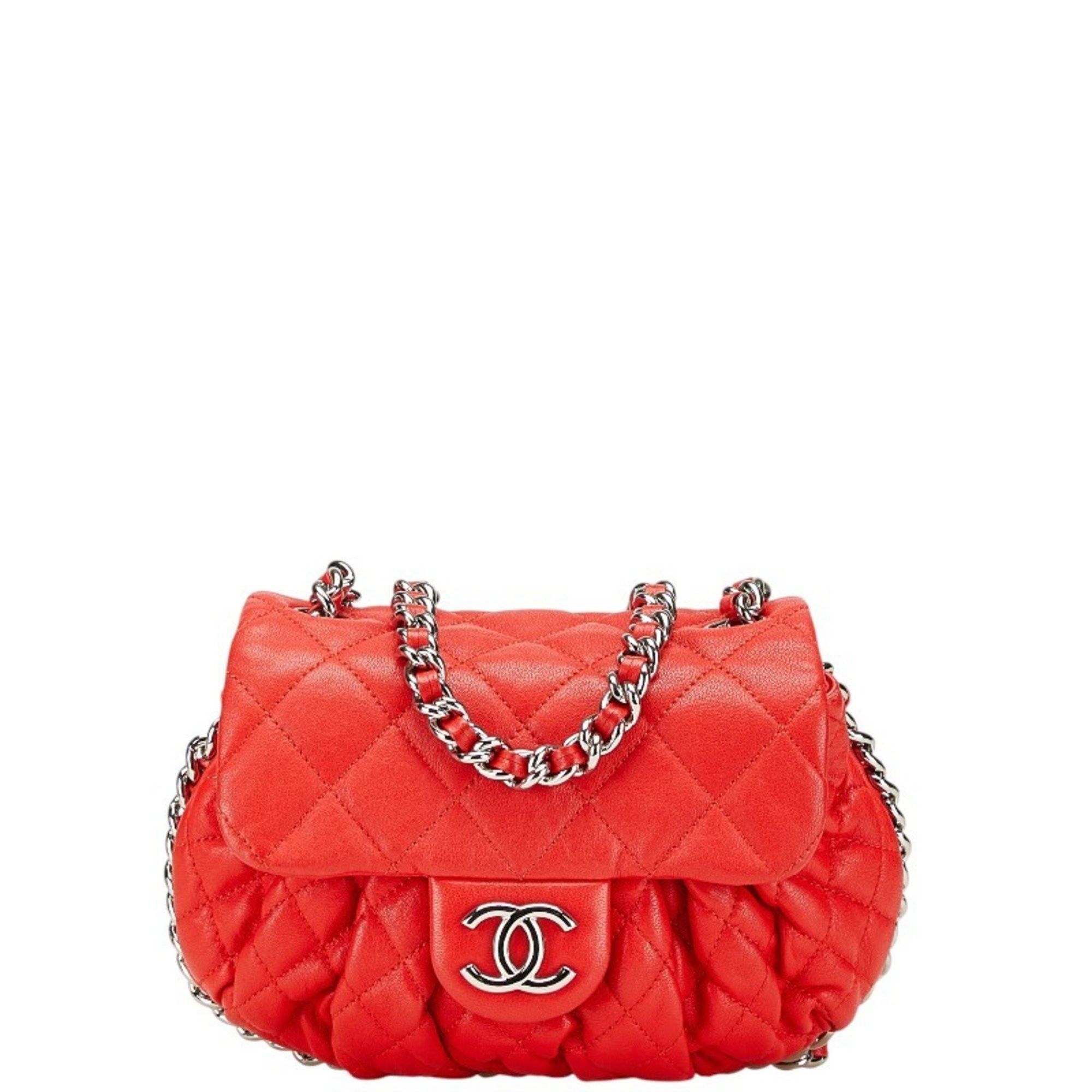 Chanel Matelasse Coco Mark Chain Shoulder Bag Red Silver Leather Women's Chanel