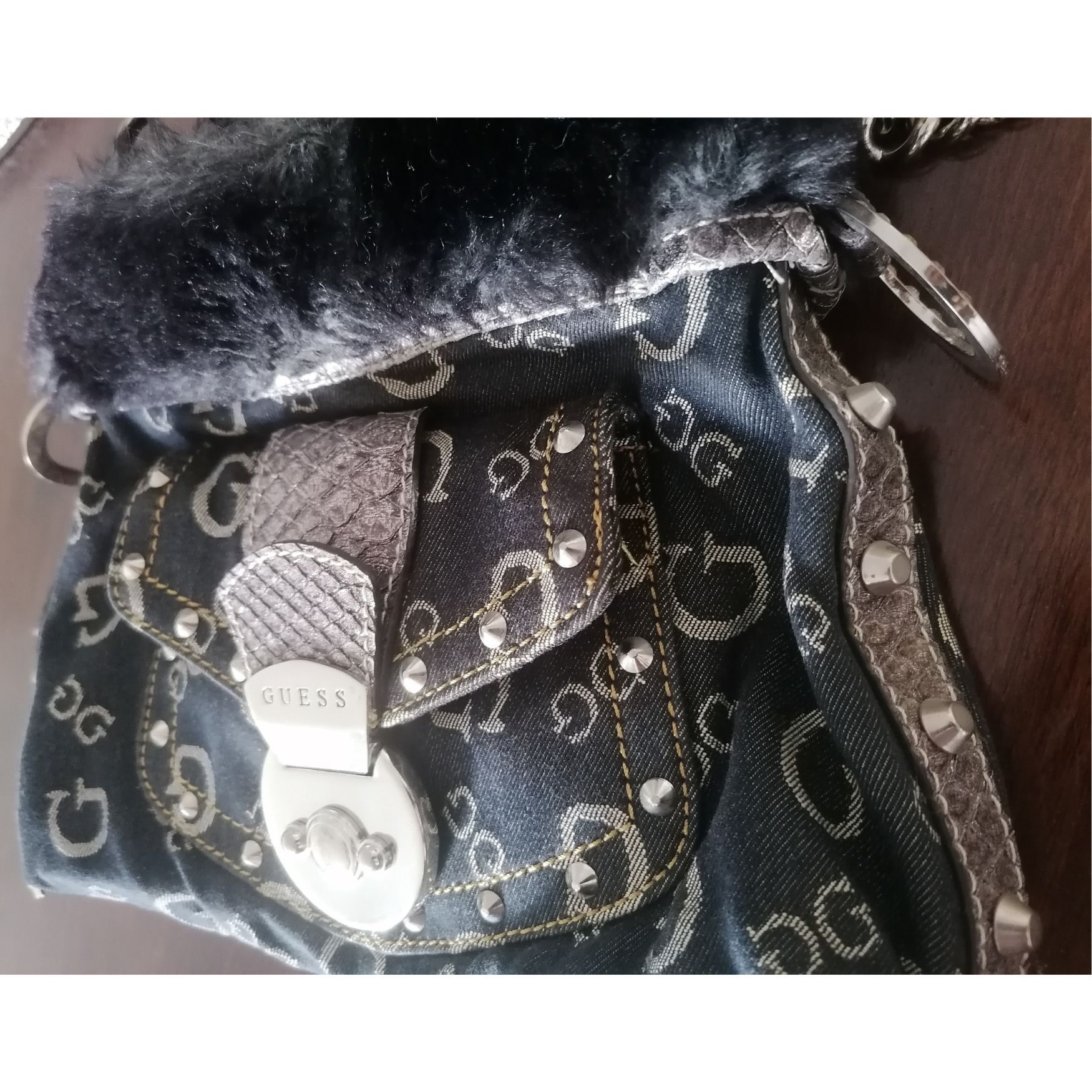 Guess Denim bag with faux fur and snakeskin pattern Size ONE SIZE - 16 Thumbnail
