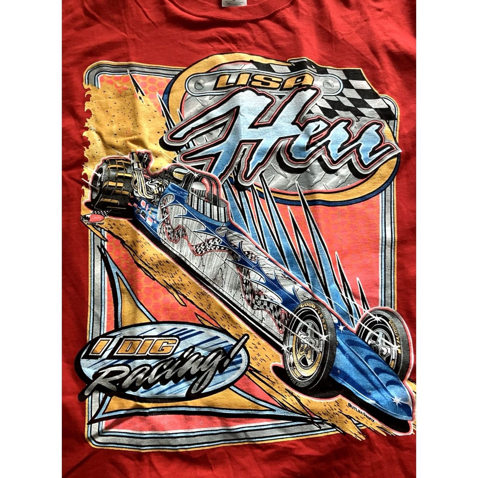 Jerzees VINTAGE Gildan Drag Racing Hot Rod Graphic T-shirt XL Red Lisa Herr Double Sided Mens XL White T-Shirt 90s NHRA USA Double-Sided Size US XL / EU 56 / 4 - 5 Thumbnail