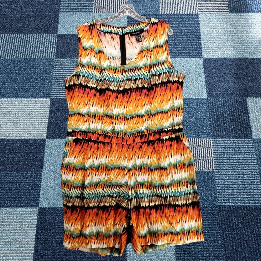 Vintage Ashley Stewart Romper Womens 20 Plus Orange Linen Blend V Neck Abstract Print Size 42" / US 20 - 1 Thumbnail