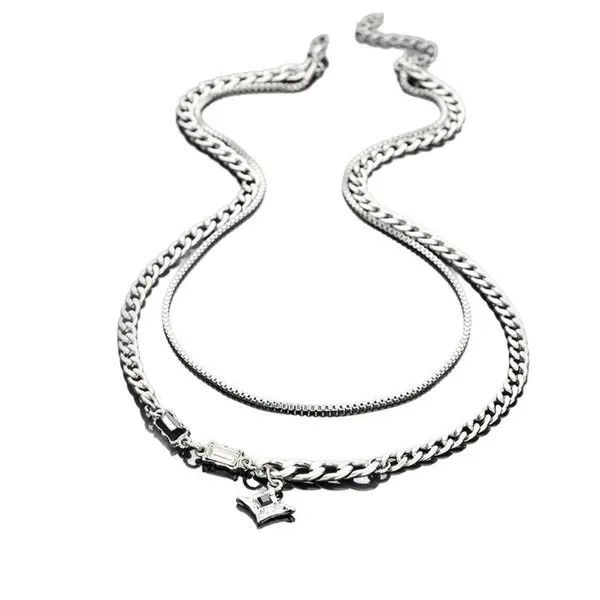 Jewelry Silver Layered Chain Necklace with Black Gem Pendant Size ONE SIZE - 8 Thumbnail